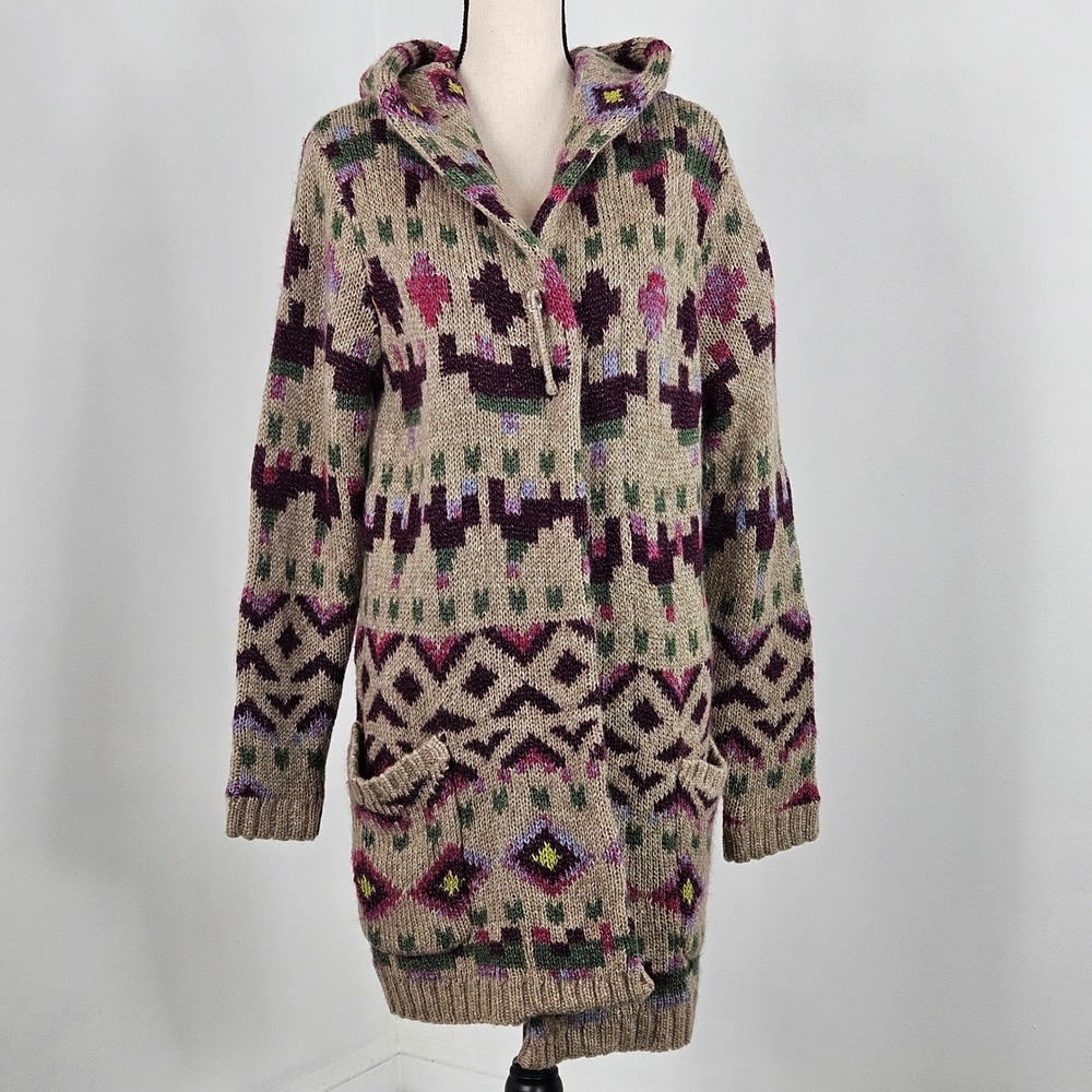 J. Jill Lenox Topper Sweater M Southwestern Wool Blend Hooded Cardigan with Pin
